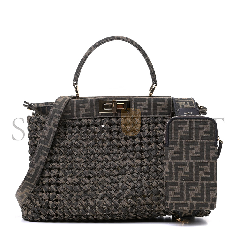 F**di fabric jacquard ff 1974 woven knotted medium peekaboo iconic satchel tobacco moro (34*25*13cm)